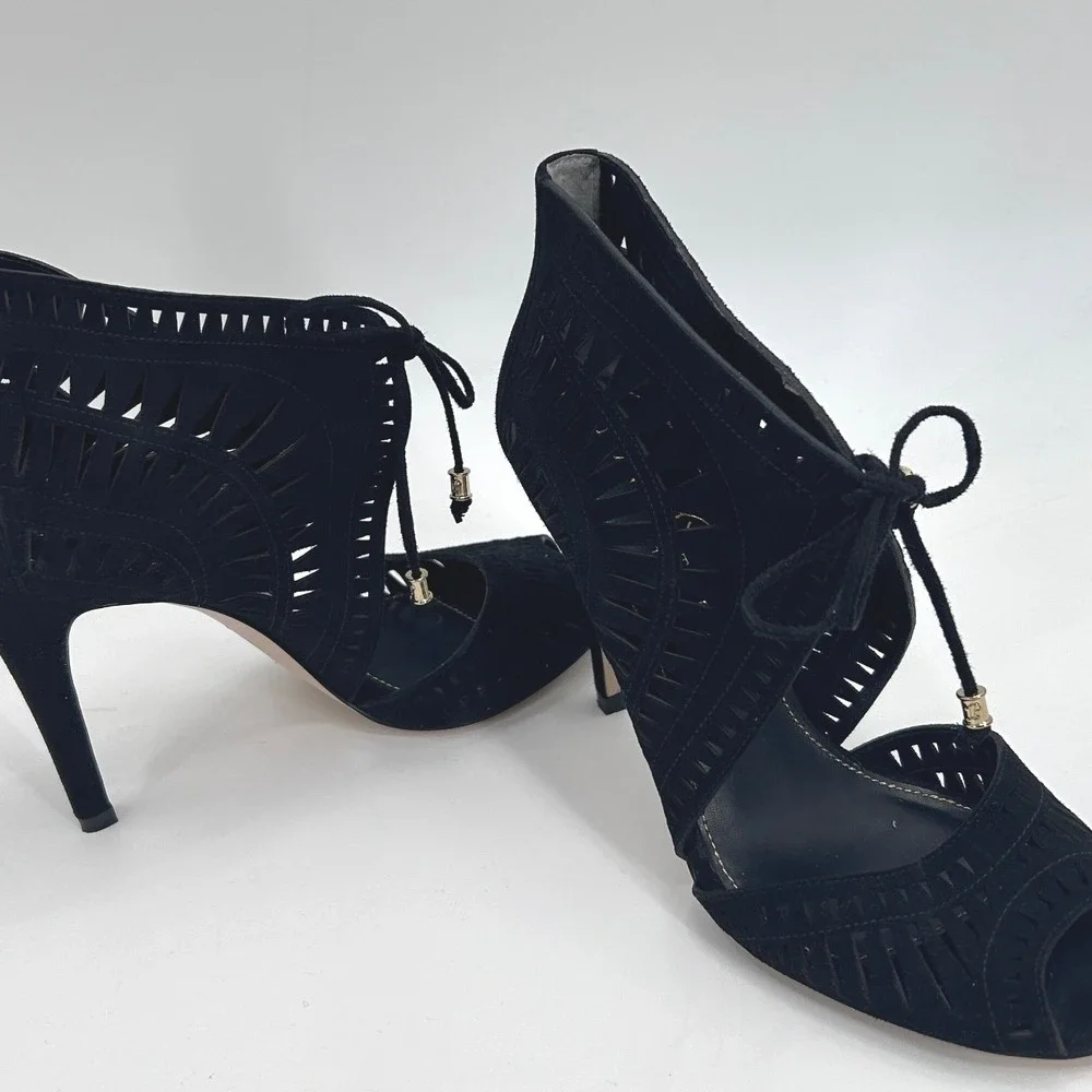 Ivanka Trump Delfino Suede High Heel Sandal Size 7.5 Black Peep Toe Laser Cut
